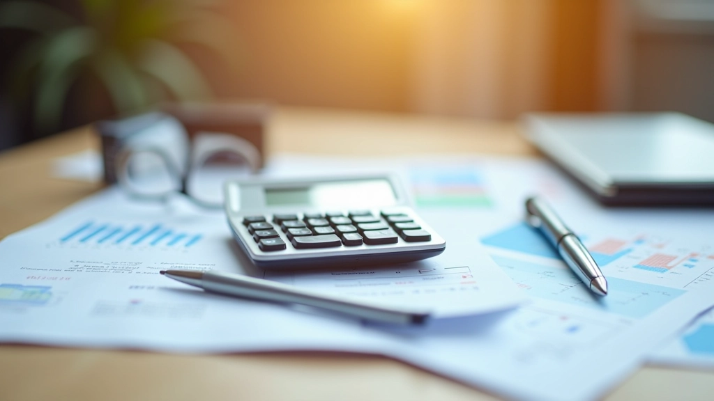 Calculadora moderna sobre documentos de factura eléctrica, bolígrafo y gafas, escritorio profesional