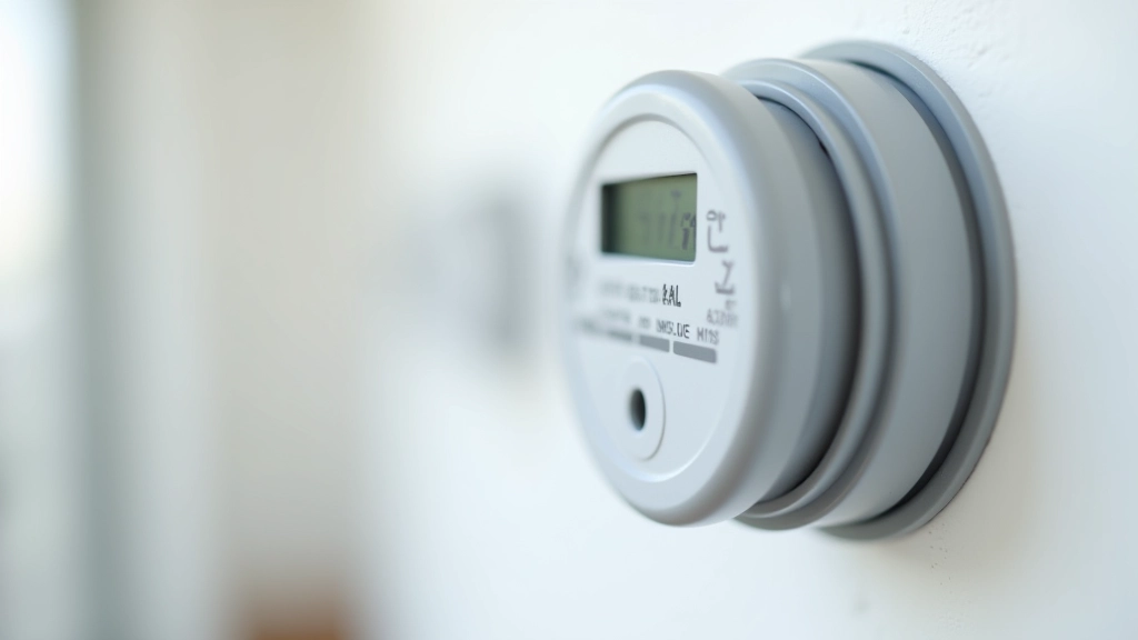 Medidor de potencia eléctrica en pared, primer plano de números y indicadores digitales