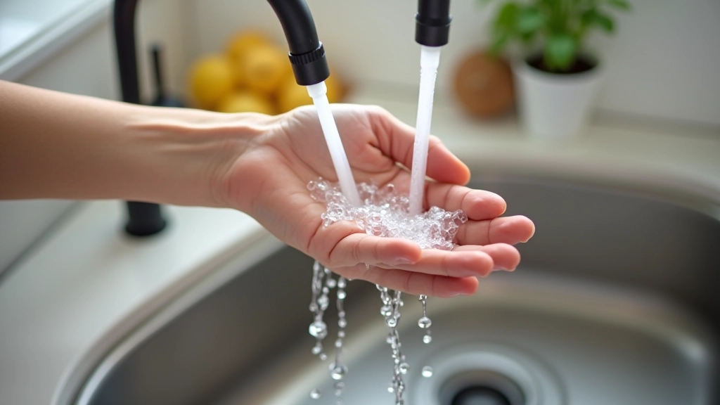 Manos bajo grifo con agua fría, cocina moderna, luz diurna clara