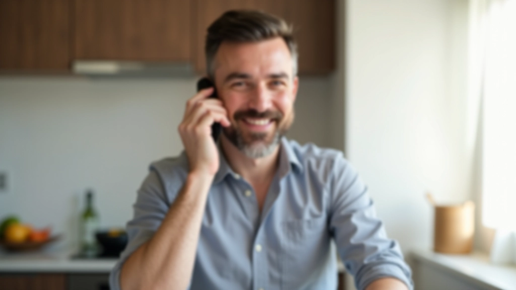 Persona hablando por teléfono en cocina moderna, luz natural, expresión concentrada y satisfecha
