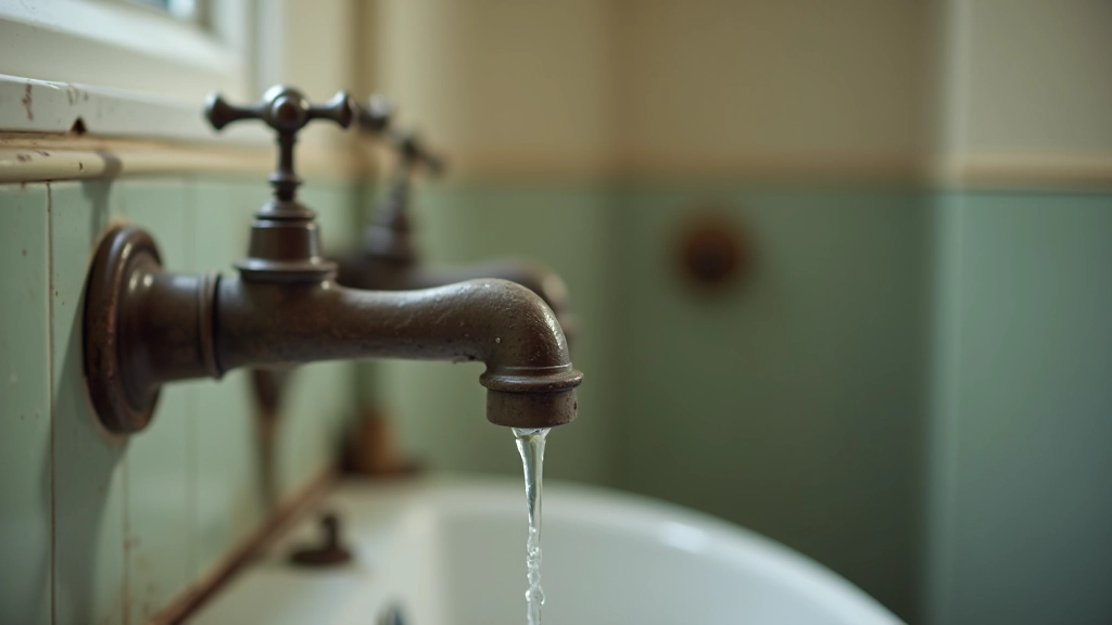 Primer plano de grifo antiguo con goteo de agua, baño vintage, luz natural