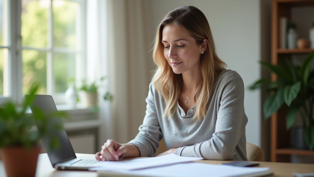 Persona revisando documento de contrato eléctrico en escritorio con luz natural, papeles y calculadora